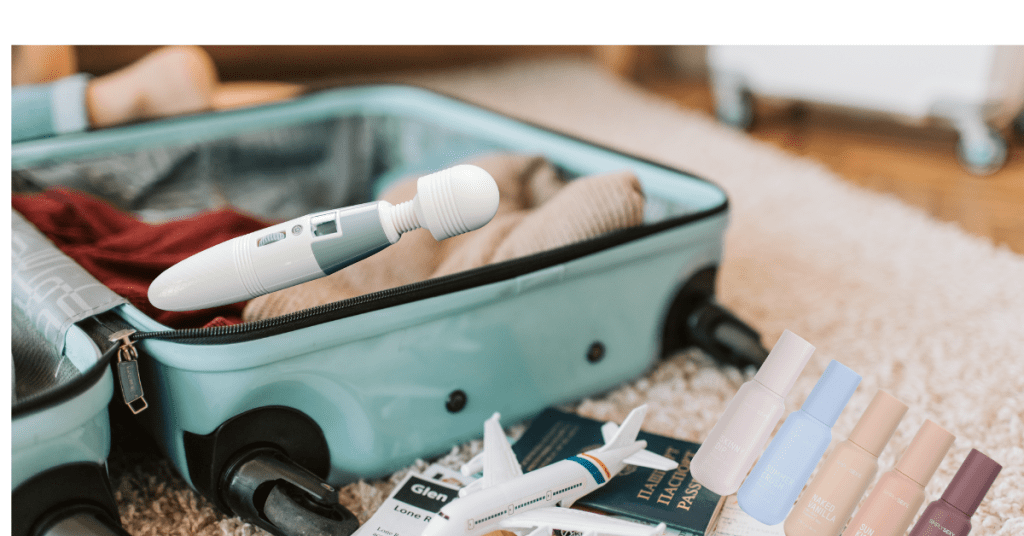 picture of open suitcase being packed for a trip with various clothes, sex toys and lubricant