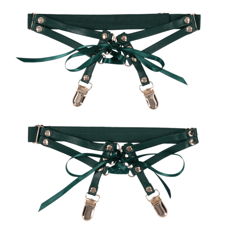 sex and mischief emerald green and gold lace up garters