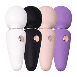 le wand mini micro massager in black, violet, rose gold, and white