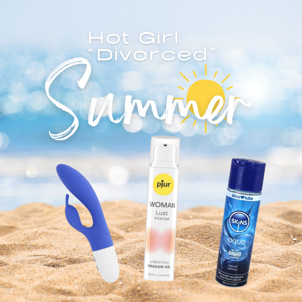 picture of beach with three adult products against a blue sky and summer sun with caption hot girl divorced summer