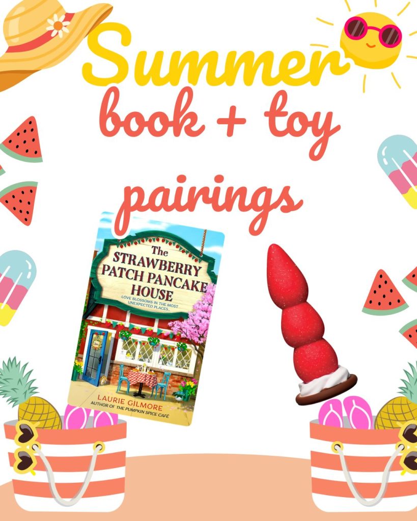 picture of a romance book and toy on white background with fruit images and the words summer book and toy pairings